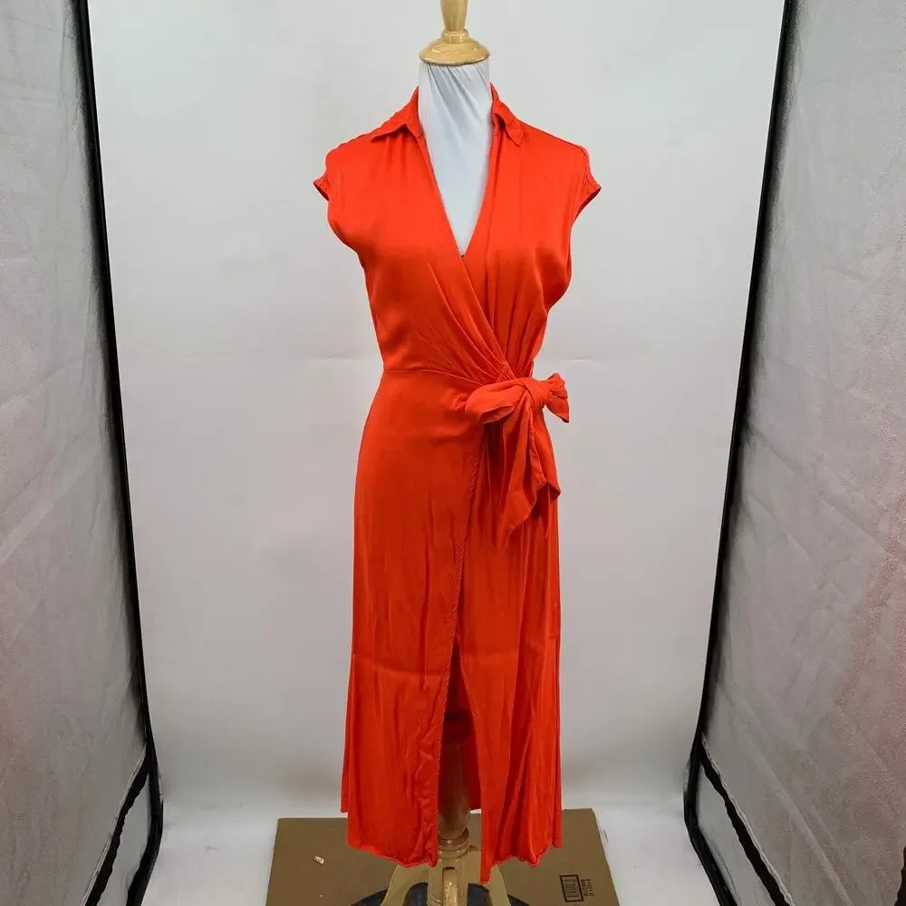 Maeve Dress Womens XS Extra Small Coral Open Back Satin Faux Wrap Tie Waist Midi